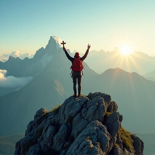 Wanderer auf einem Berggipfel mit Kreuz