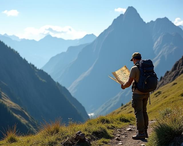 Ein Wanderer blickt auf eine Karte vor einer Bergkulisse